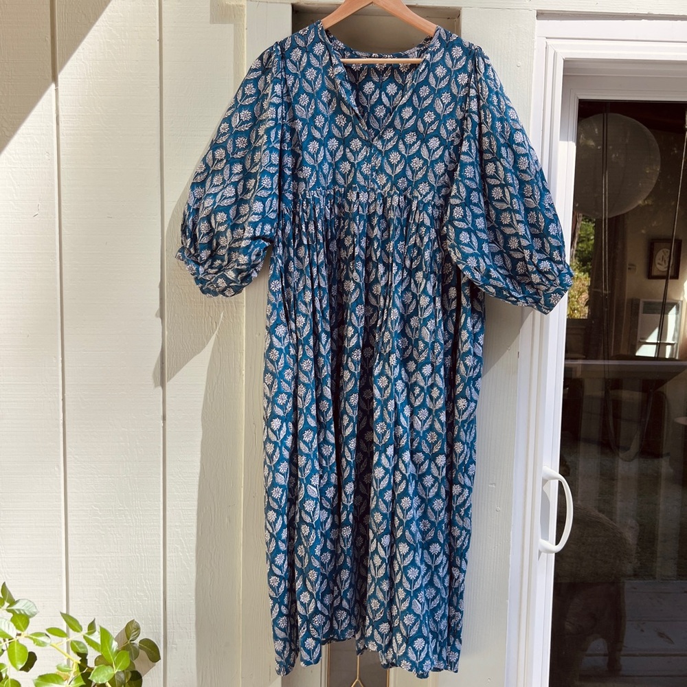 Dear Mountain Indian Artisan 100% Cotton Hand Block Print Dress Blue Floral S